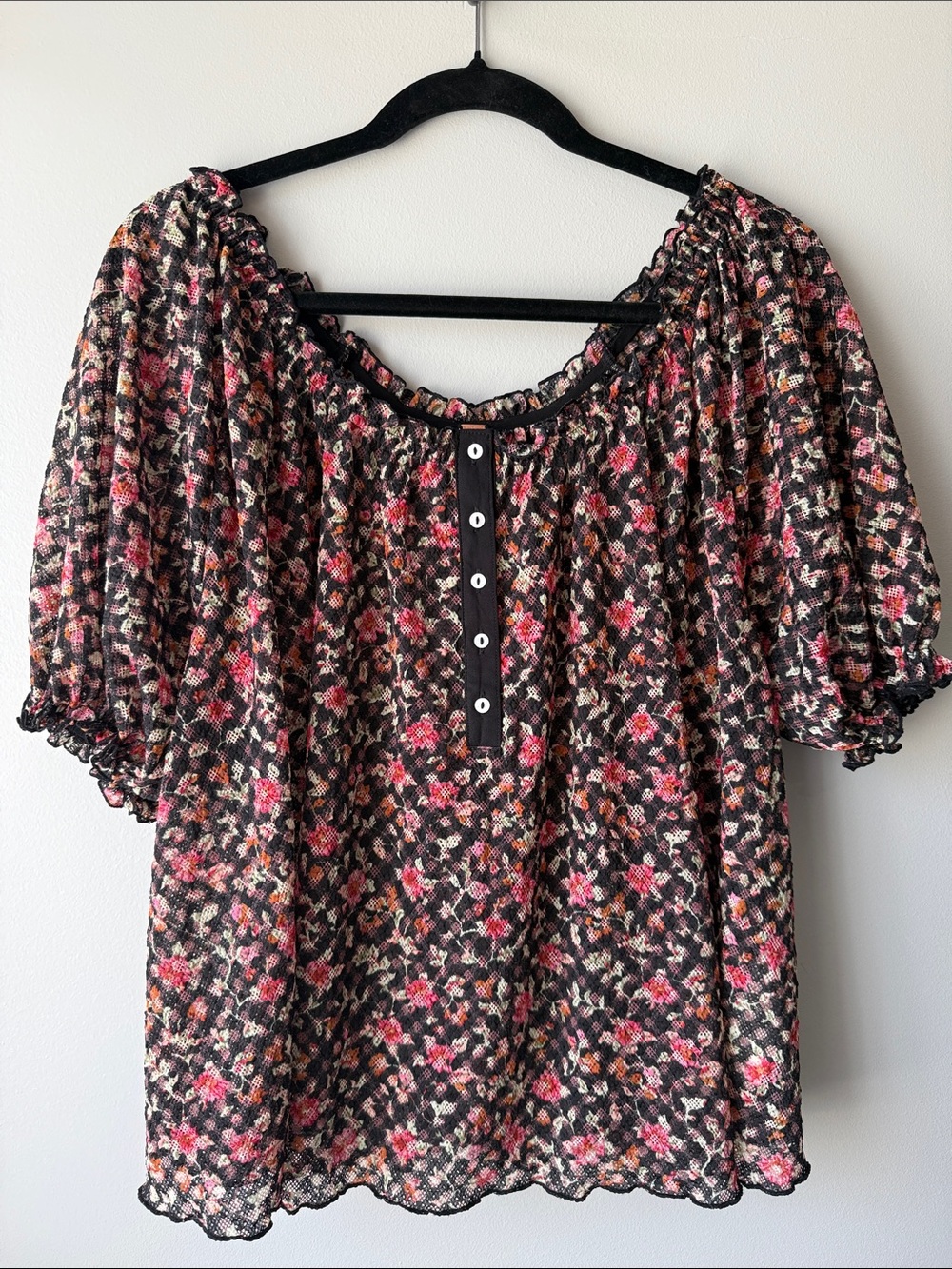 Free People Black Floral Peasant Blouse with Pink & Cream Accents size M